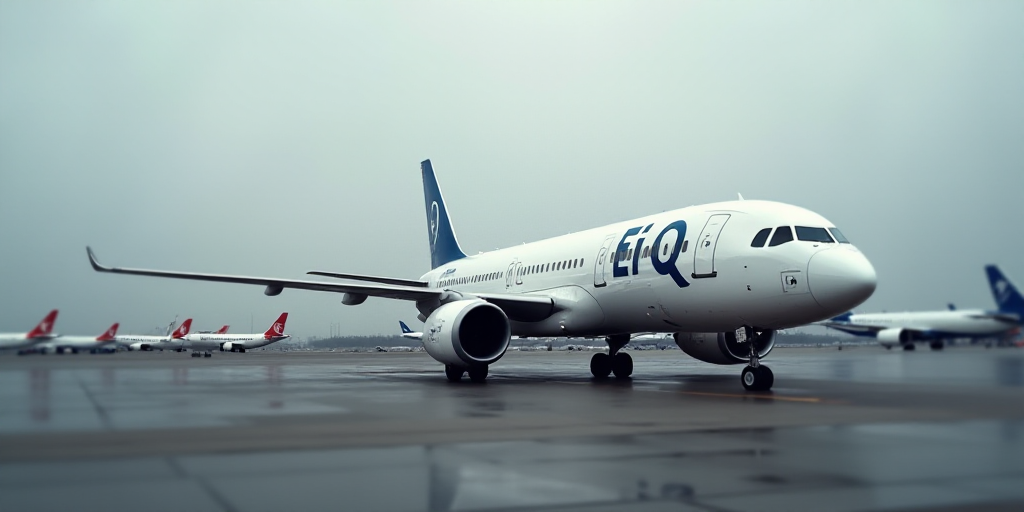 a large jetliner sitting on top of an airport tarmac next to other planes on the tarmac, Ei-Q, turna