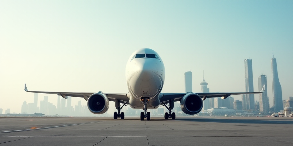 a large jetliner sitting on top of an airport tarmac next to a city skyline with tall buildings, Ann
