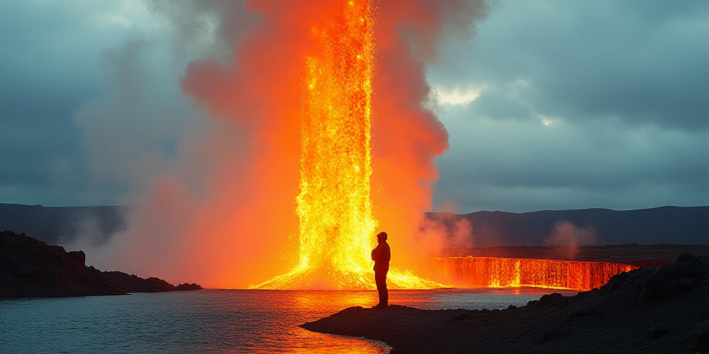a large lava fountain spewing out of the ground into the air with a sky background and a person stan