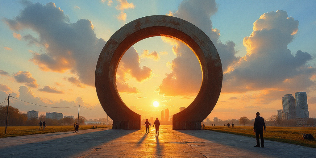 a large metal structure with a sun setting behind it and a sky background with buildings in the back