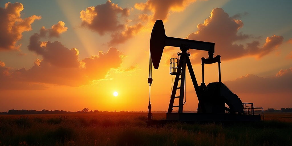 a large oil pump sitting on top of a field under a cloudy sky at sunset with the sun setting, Andrie