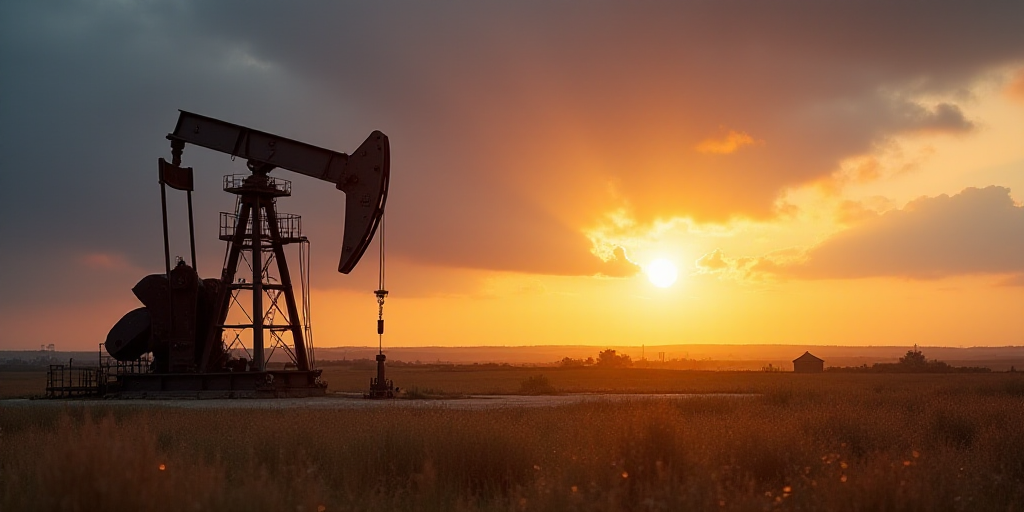 a large oil pump sitting on top of a field under a cloudy sky at sunset with the sun setting, Andrie
