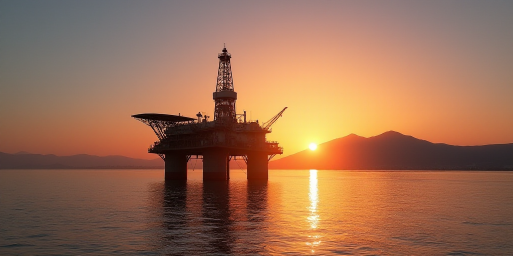 a large oil rig sitting on top of a large body of water at sunset with a mountain in the background,