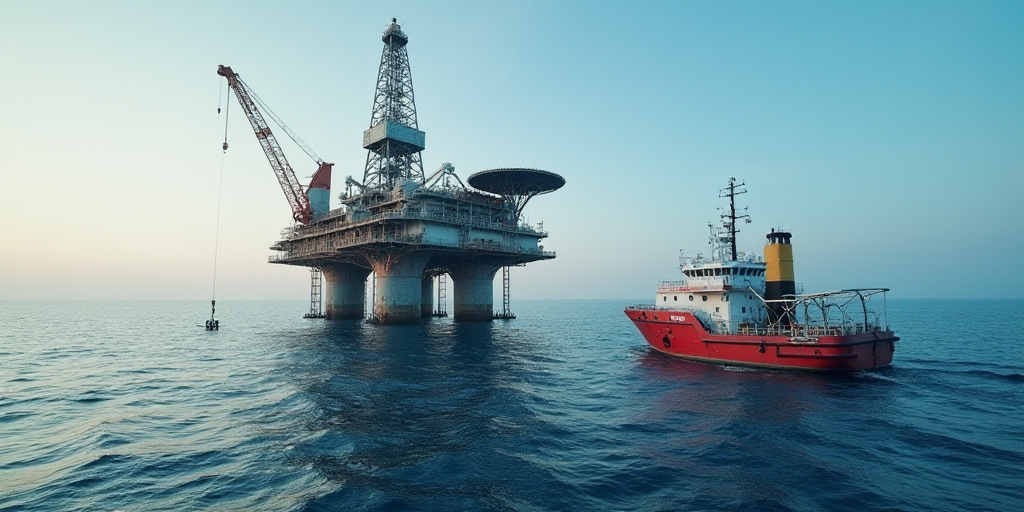 a large oil rig sitting on top of the ocean next to a boat in the water with a crane, Bascove, oil,