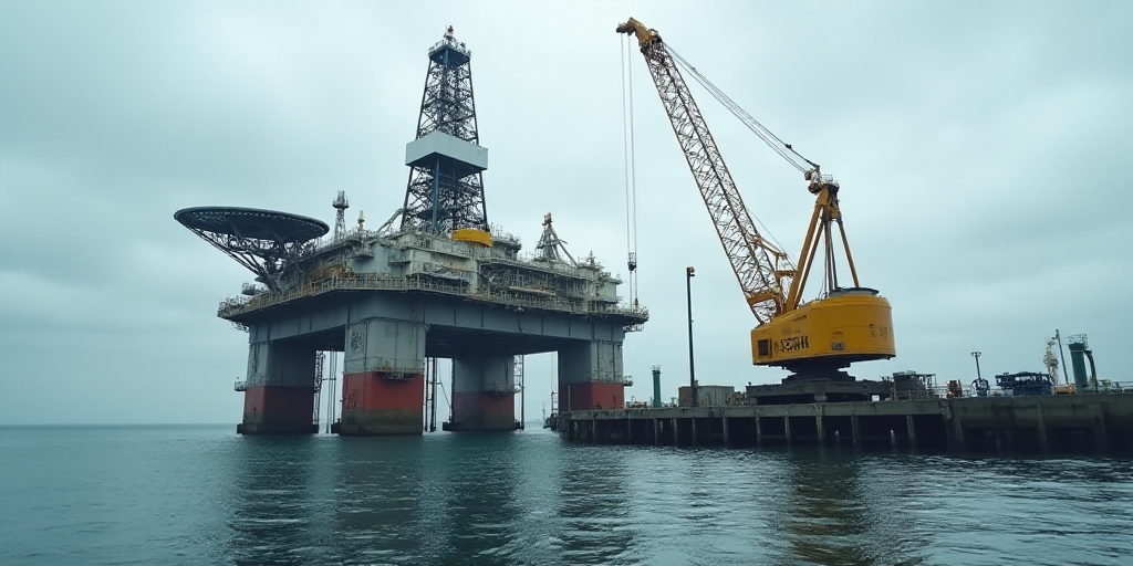 a large oil rig sitting on top of a body of water next to a dock with a crane on top of it, Bascove,