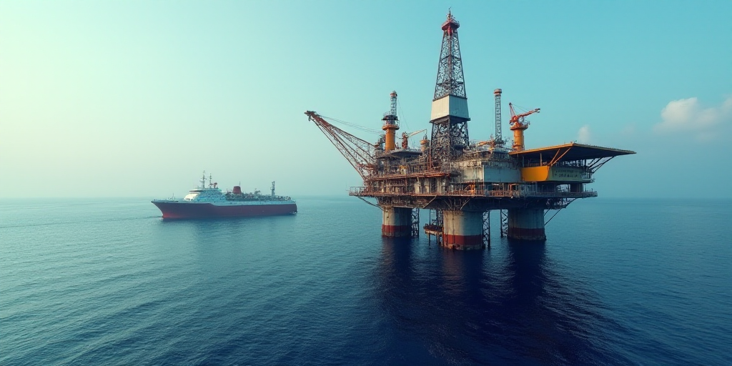 a large oil rig sitting on top of a large body of water next to a boat in the ocean, Bascove, oil, a