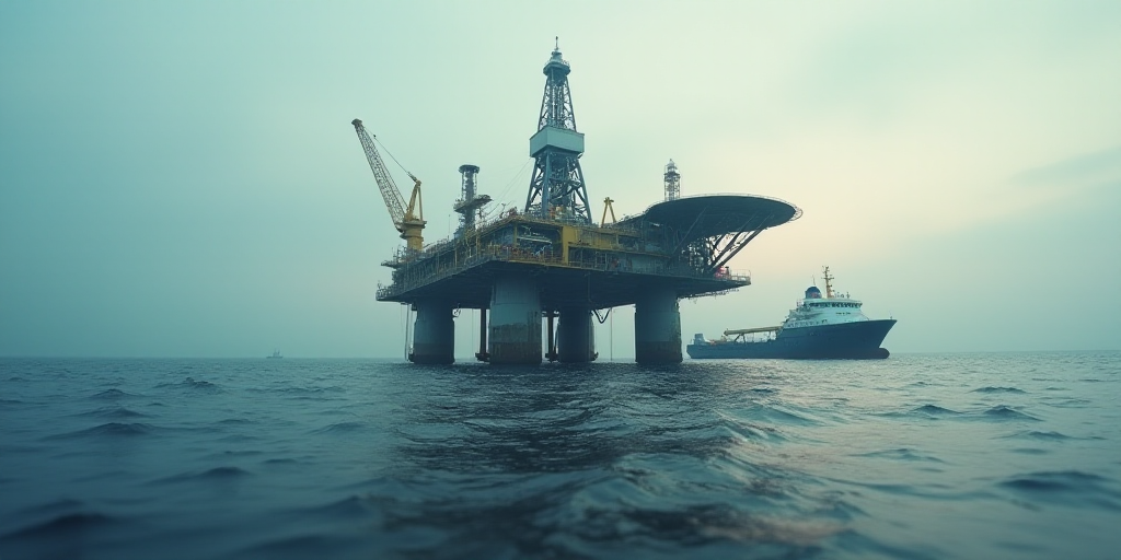 a large oil rig sitting on top of a large body of water next to a boat in the ocean, Bascove, oil, a