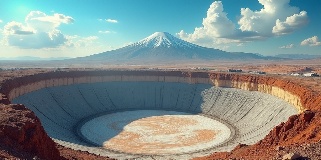 a large open pit with a mountain in the background and a blue sky in the background with a few cloud