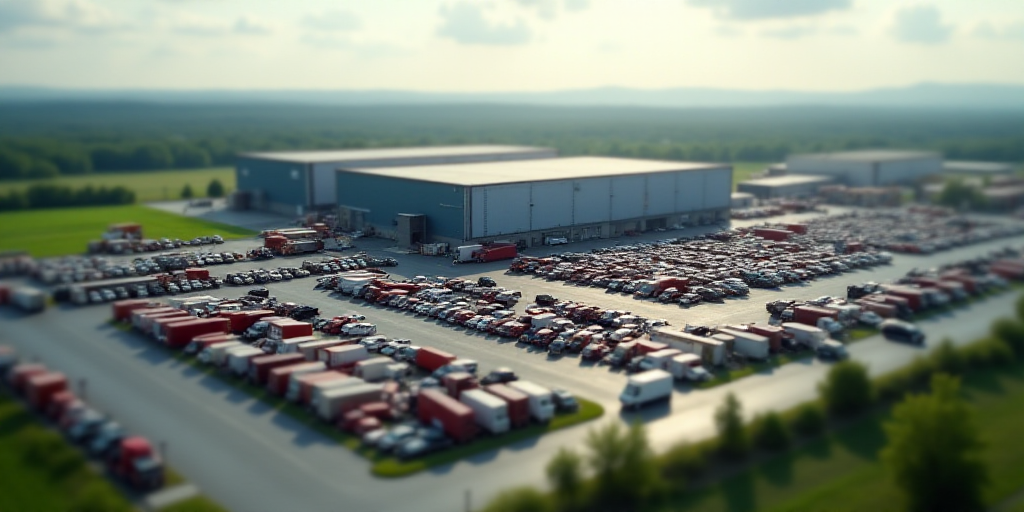 a large parking lot filled with lots of cars and trucks next to a factory building with a large amou