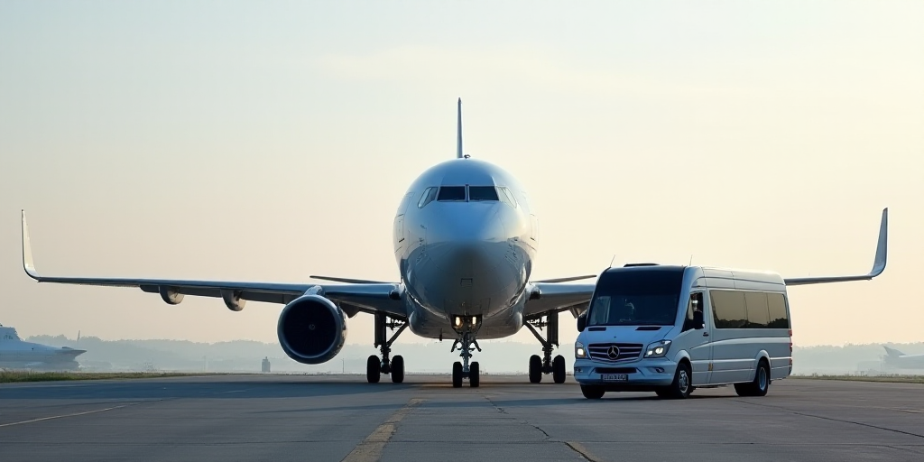 a large passenger jet sitting on top of an airport runway next to a bus and a van parked on the tarm