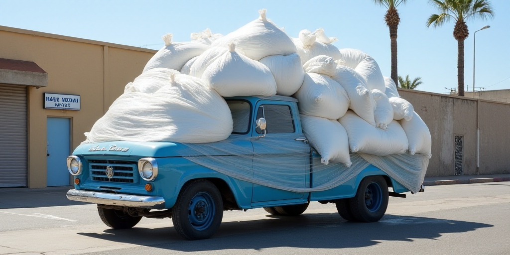 a large pile of white bags sitting on top of a blue truck bed covered in plastic wrap and a sign, Af