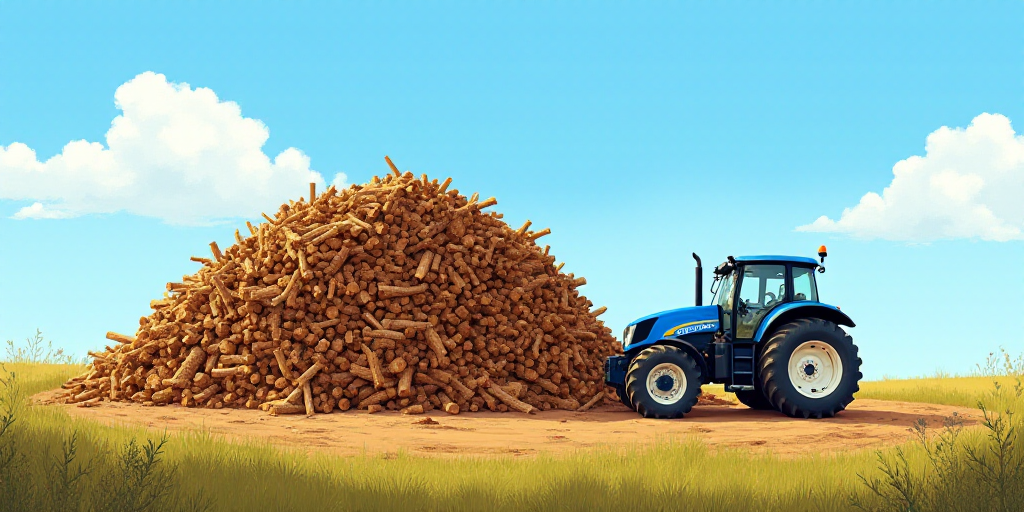 a large pile of wood sitting next to a blue tractor in a field of grass and dirt with a blue sky in