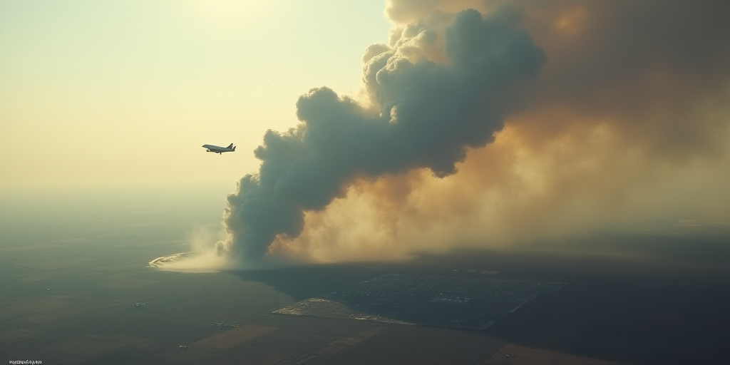 a large plume of smoke is seen from an airplane as it flies over a field and land area in the distan