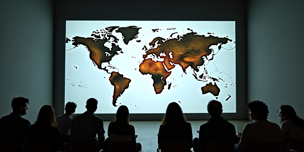 a large projection screen with a map of the world on it's wall and people sitting in front of it, É