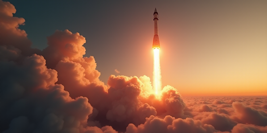 a large rocket is being launched into the air with smoke and smoke coming out of it's back end, Andr