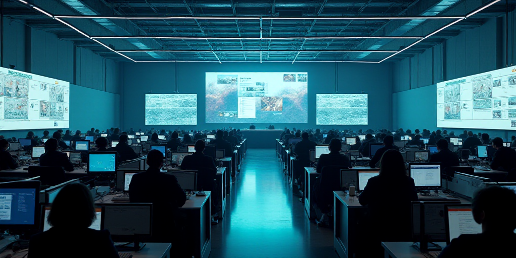 a large room filled with lots of people sitting at desks and television screens on the walls of the