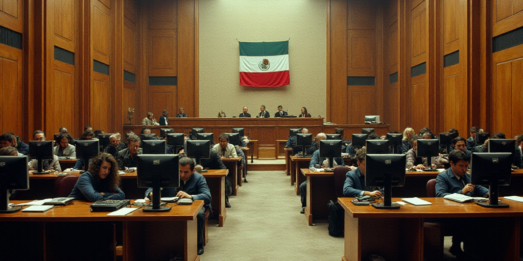 a large room filled with people sitting at desks and computers in front of them, with a flag hanging