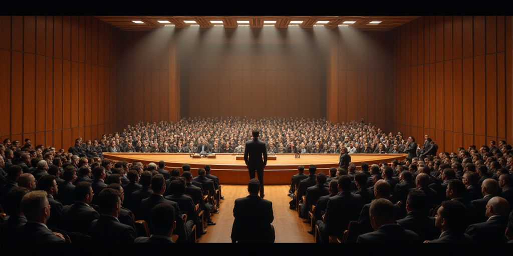 a large room filled with people sitting in chairs and a speaker standing at the podium in front of t