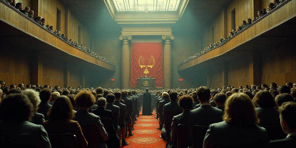 a large room filled with people sitting in chairs and standing in front of a podium with a flag on i