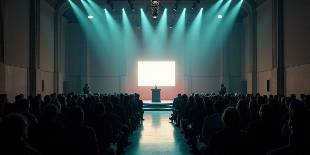 a large room filled with people sitting in chairs and standing in front of a podium with a screen on