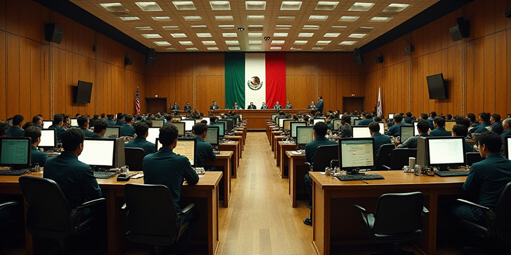 a large room filled with people sitting at desks and computers in front of them, with a flag hanging