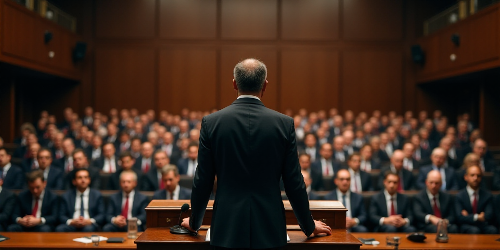 a large room full of people in suits and ties and a speaker in a podium with a microphone in front o