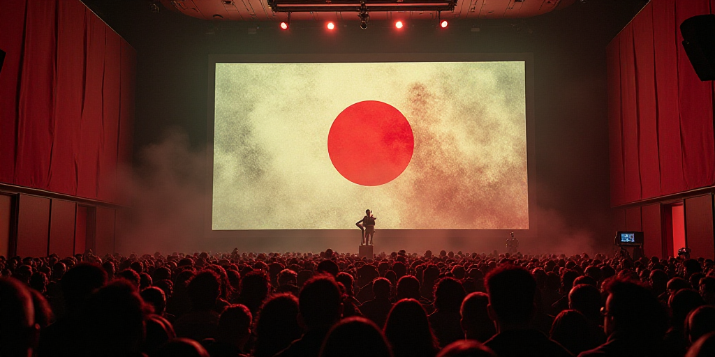 a large room with a large screen and a lot of people standing around it with a flag on it, David Alf
