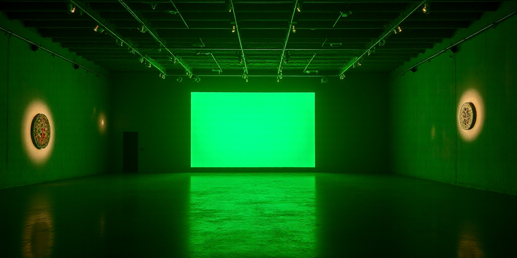 a large room with a lot of lights and a big screen in the center of it that is green, David Alfaro S