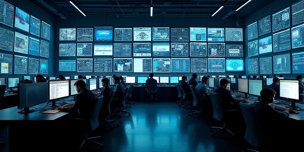a large room with a lot of people working on computers and a lot of monitors on the wall above, Andr