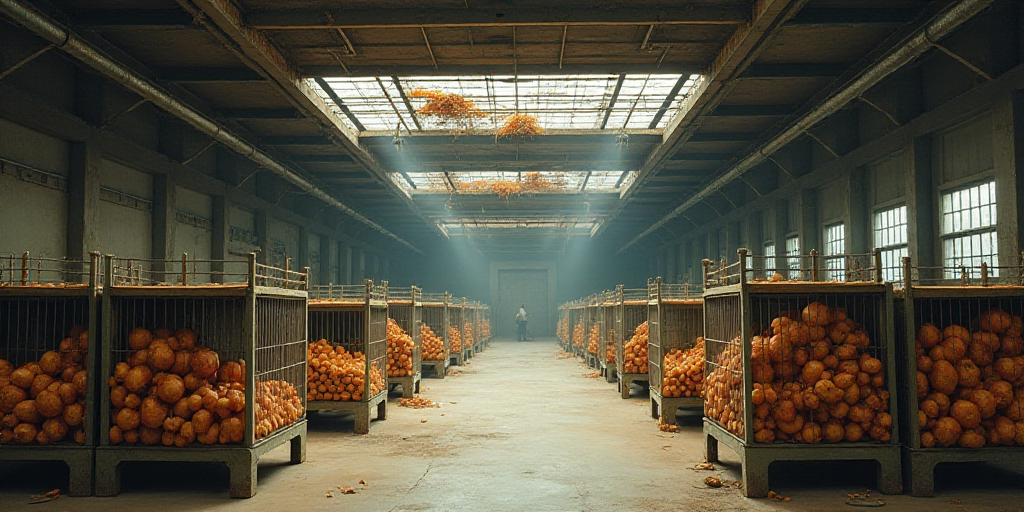a large room with many cages full of food items and a ceiling with a metal grid over it that has sev