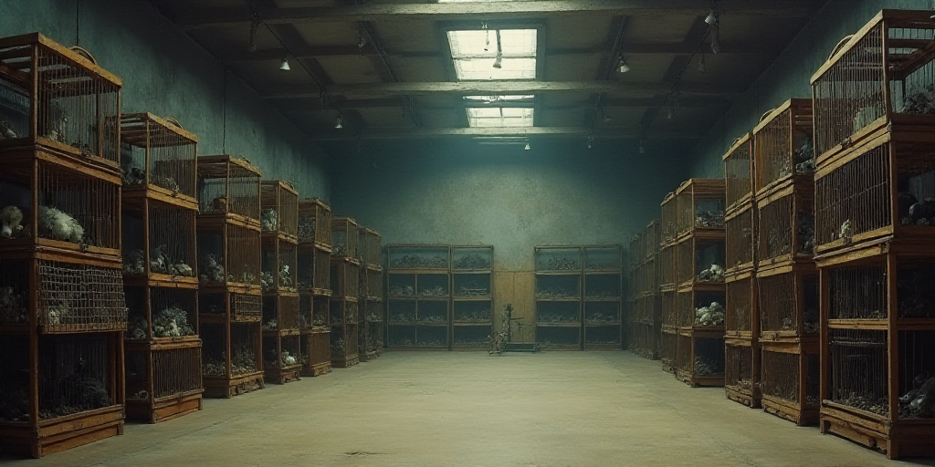 a large room with many cages full of items in it and a ceiling with lights above it and a ceiling wi