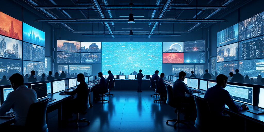 a large room with many monitors and people standing around it in a building with a lot of windows an