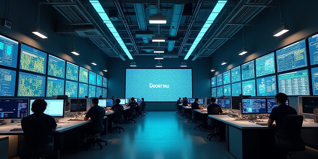 a large room with multiple monitors and tables in it's center area, with people working on computers