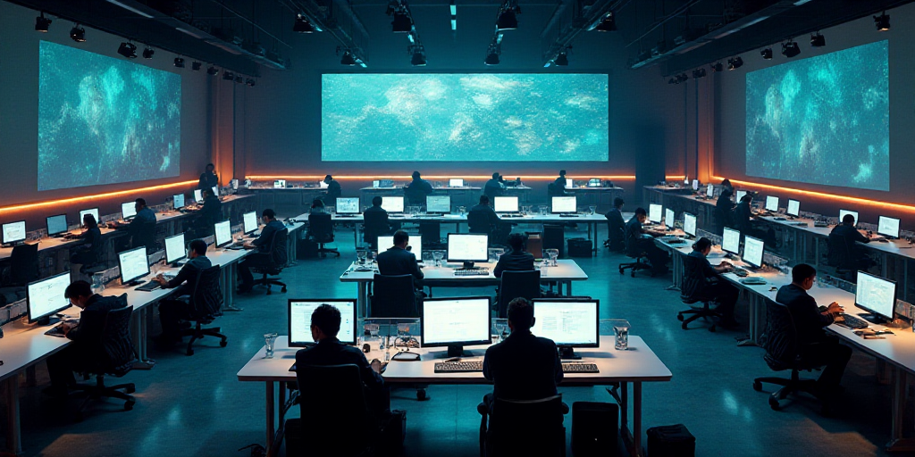 a large room with multiple monitors and tables in it's center area, with people working on computers