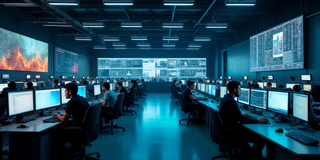 a large room with multiple monitors and tables in it's center area, with people working on computers