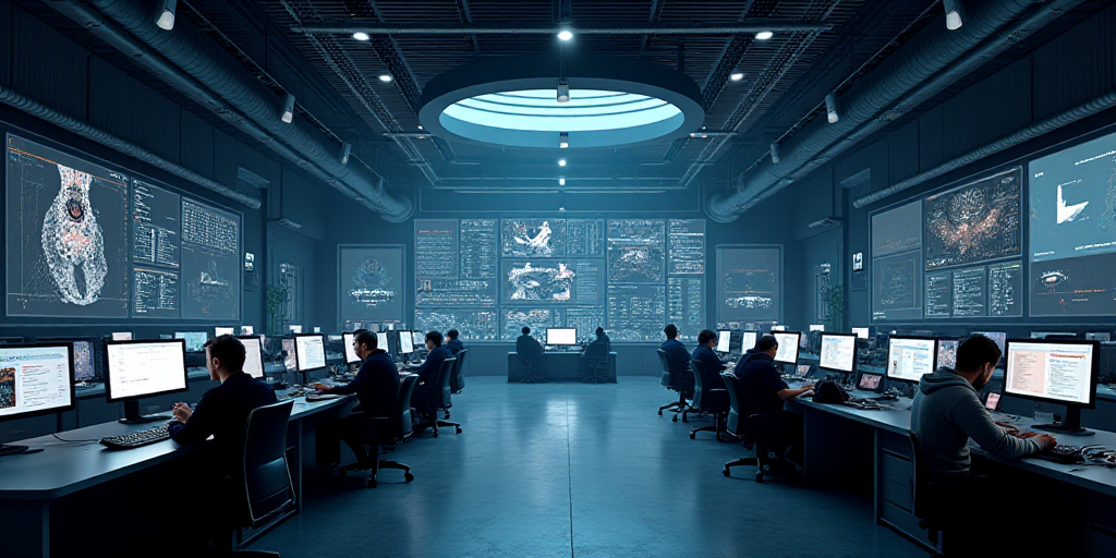 a large room with multiple monitors and tables in it's center area, with people working on computers