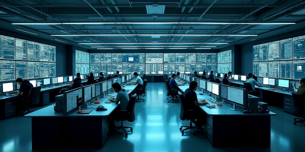 a large room with multiple monitors and tables in it's center area, with people working on computers