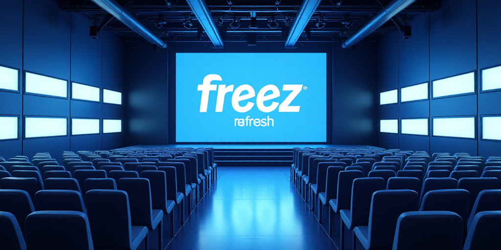 a large room with rows of chairs and a podium with a sign that says freez refresh and a row of chair