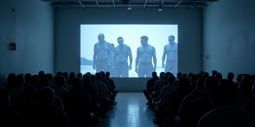 a large screen with a number of people on it in a room with a crowd of people sitting in front of it