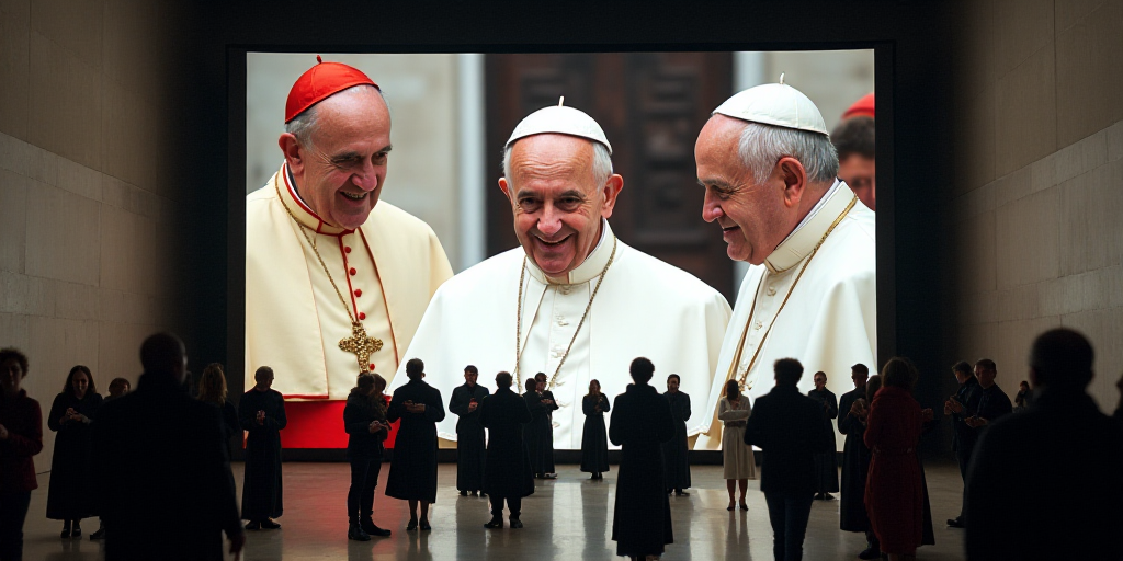 a large screen with a picture of pope and cardinals on it in a building with people standing around