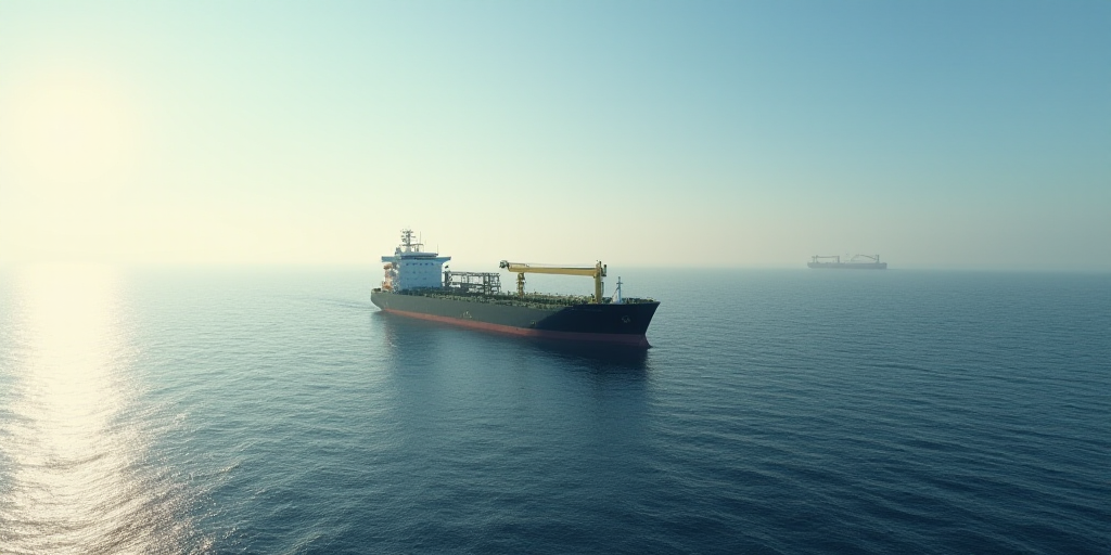 a large ship in the ocean with a crane in the background and a ship in the distance in the distance,