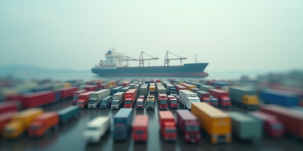 a large ship is in the background of a large parking lot full of cars and trucks in front of it, Ai