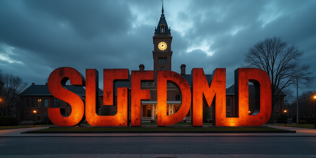 a large sign is in front of a building with a clock tower in the background at dusk with a cloudy sk
