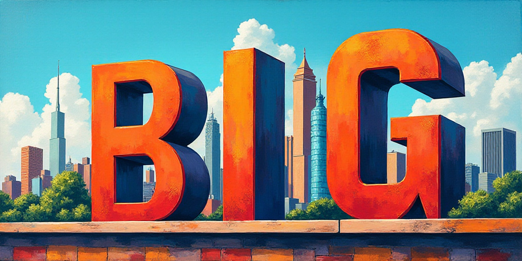 a large sign that says big city in front of a cityscape with a sky background and a blue sky, Federi