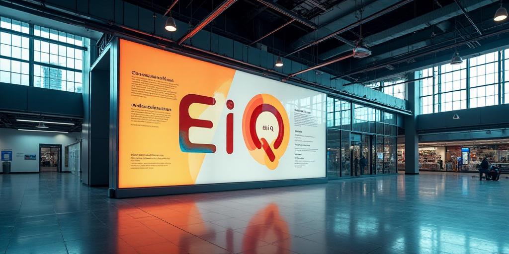 a large sign with a lot of information on it's side in a building with a lot of windows, Ei-Q, scree