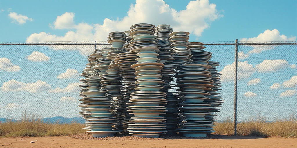 a large stack of plates behind a fence with a sky background behind it and a chain link fence around