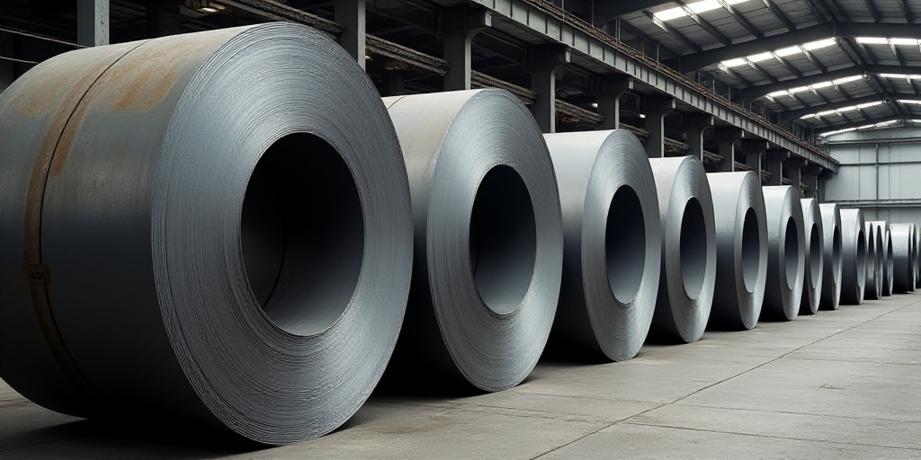a large stack of steel rolls in a warehouse with a ceiling in the background and a few other rolls o