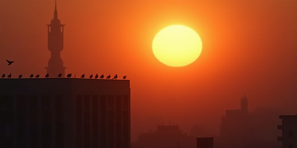 a large sun setting behind a building with birds on it's roof and a tower in the background, Aya God