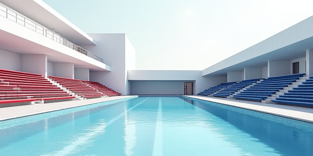 a large swimming pool with a row of blue and red benches next to it and a row of white and blue benc