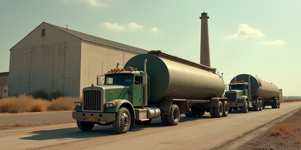 a large tanker truck parked in front of a factory with a large building in the background and a truc